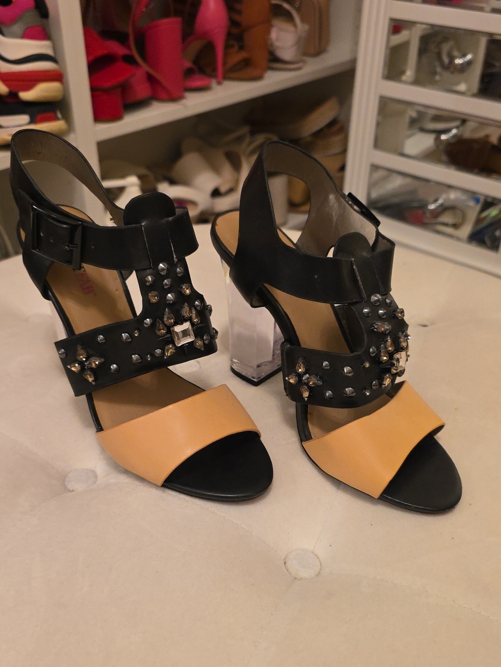 Justfab - Studded Black and Tan Clear Block Heel Sandals